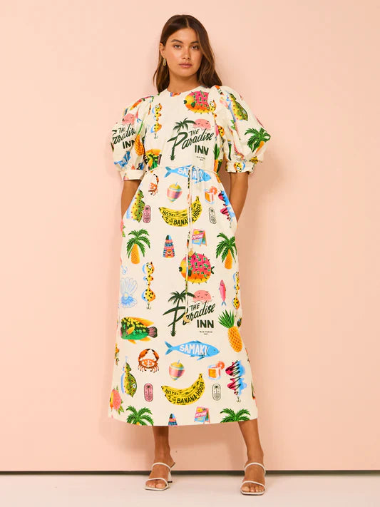 Alms Samaki Puff Sleeve Midi Dress