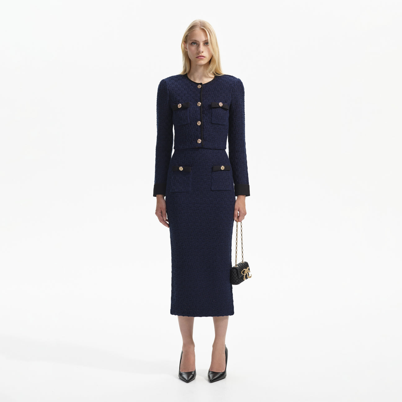 SP Navy Weave Cardigan & Midi Skirt Set