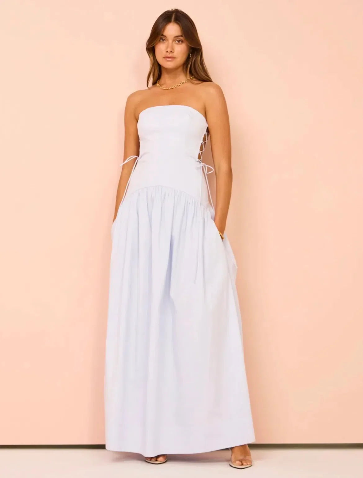 SJ Amada Lace Up Strapless Maxi Dress - Ice Blue