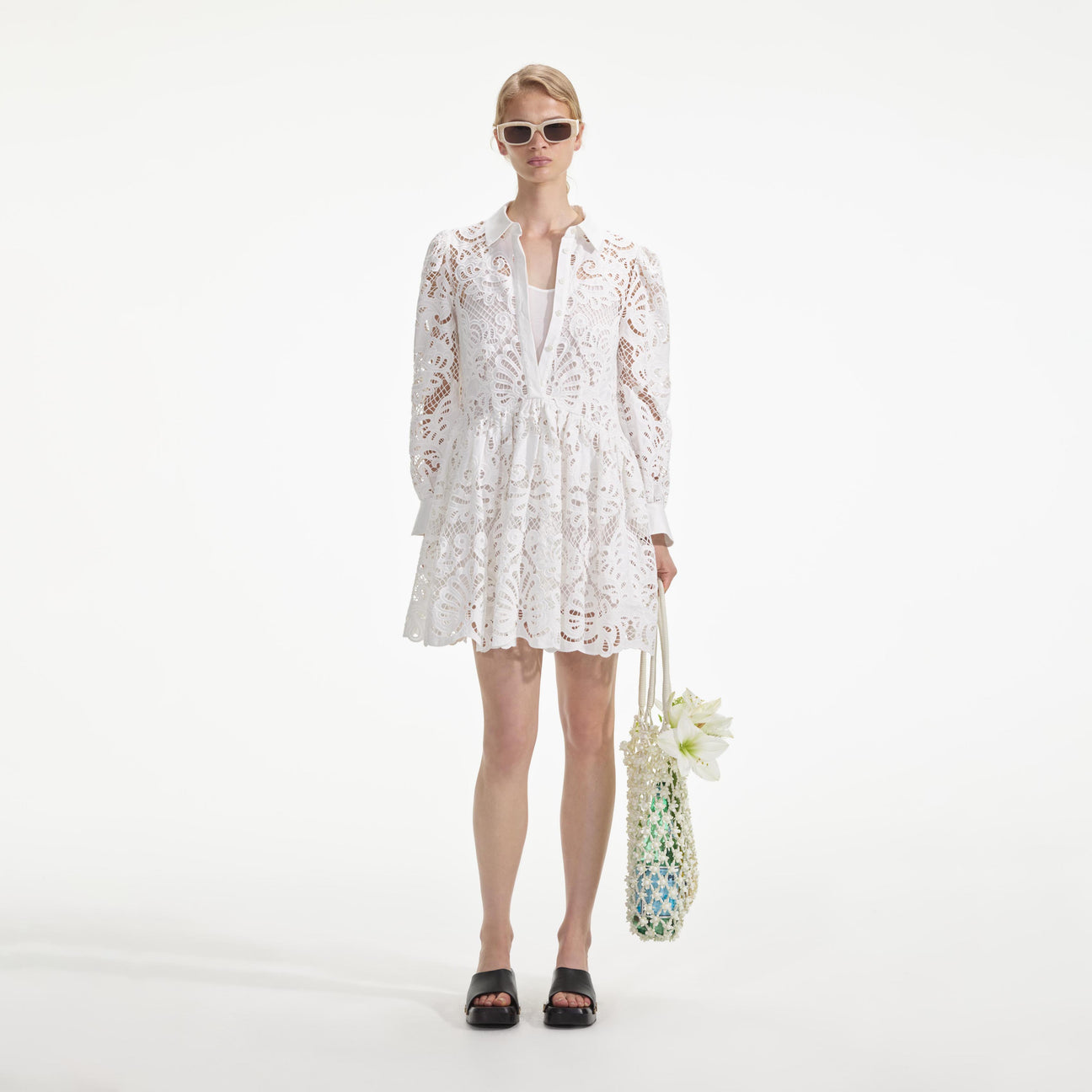 SP White Cotton Lace Mini Shirt Dress