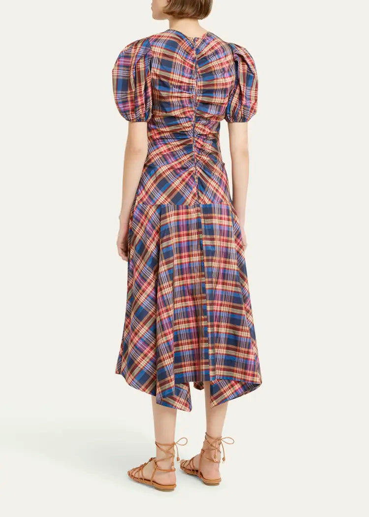 UJ Heleen Silk Cotton Plaid Midi Dress