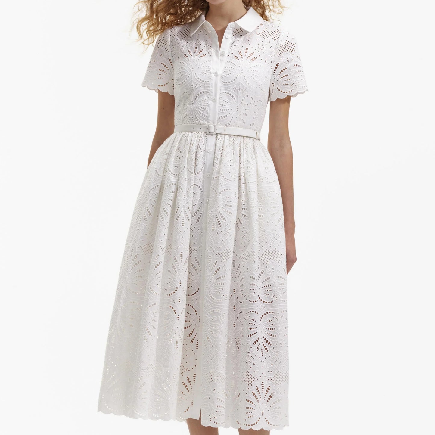 SP White Cotton Embroidery Midi Dress