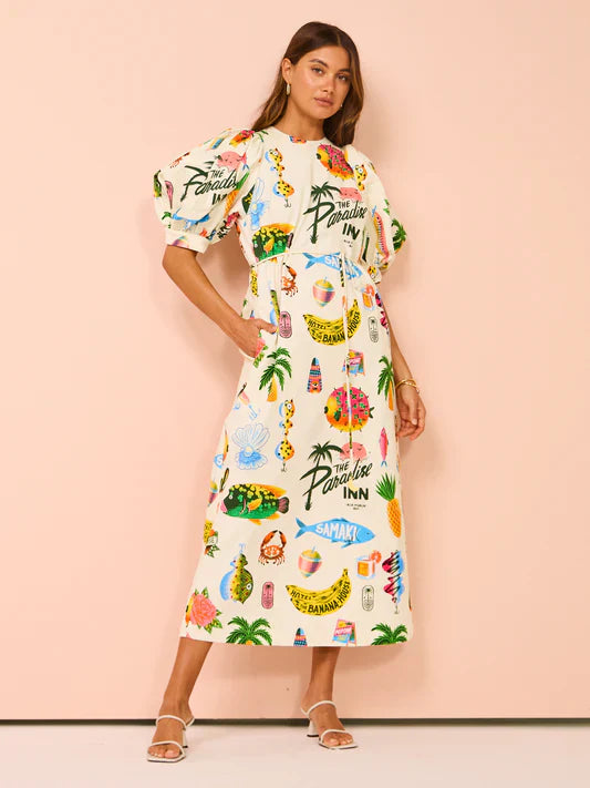 Alms Samaki Puff Sleeve Midi Dress