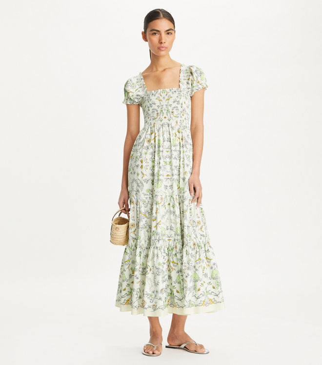 TB Printed Cotton Smocked Midi Dress