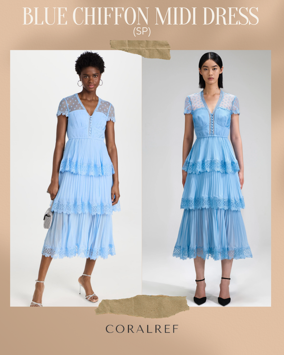 SP Blue Chiffon Tiered V Neck Midi Dress