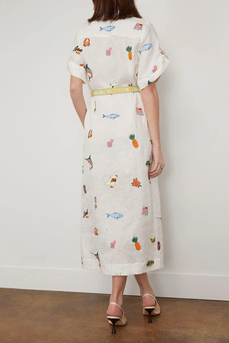 Alms Blue Marlin Embroidered Midi Dress