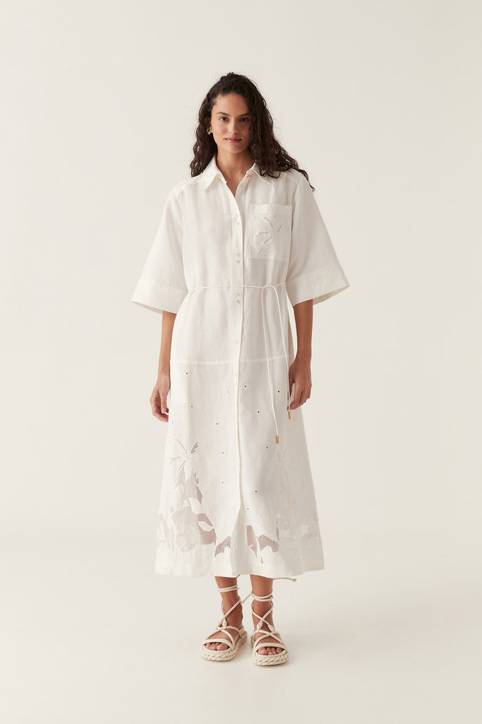 Aj Agua Embroidered Midi Shirt Dress