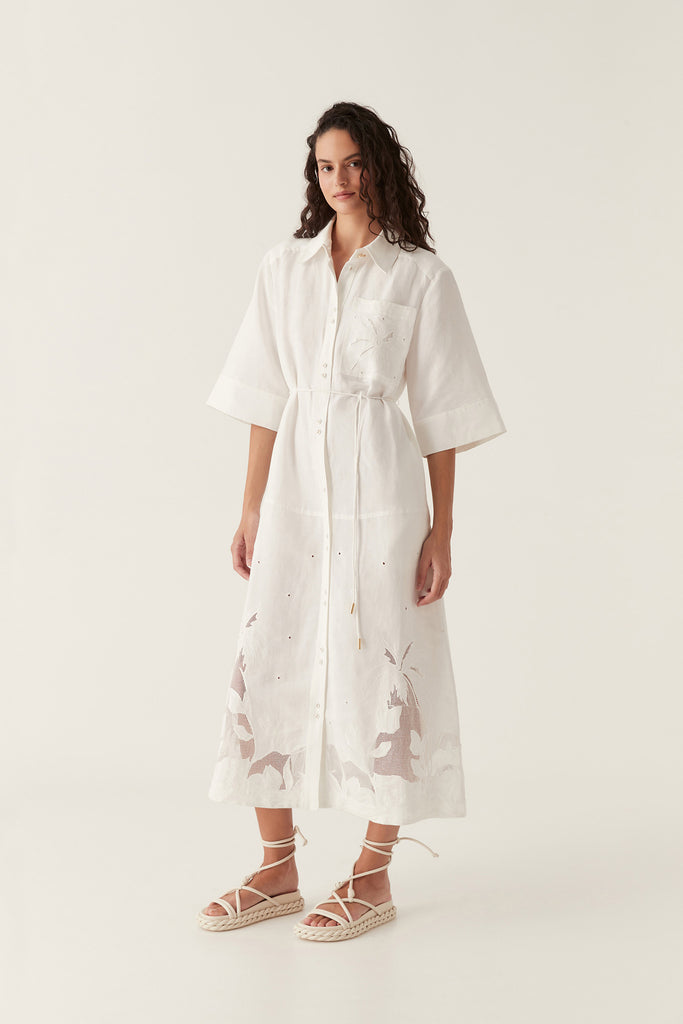 Aj Agua Embroidered Midi Shirt Dress