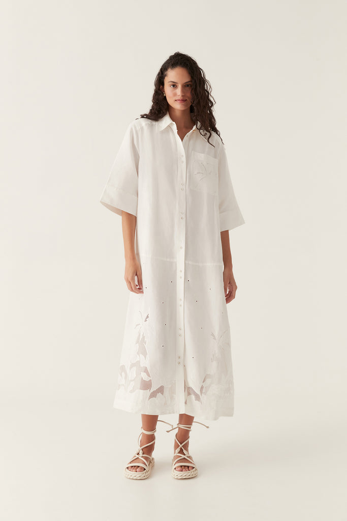 Aj Agua Embroidered Midi Shirt Dress