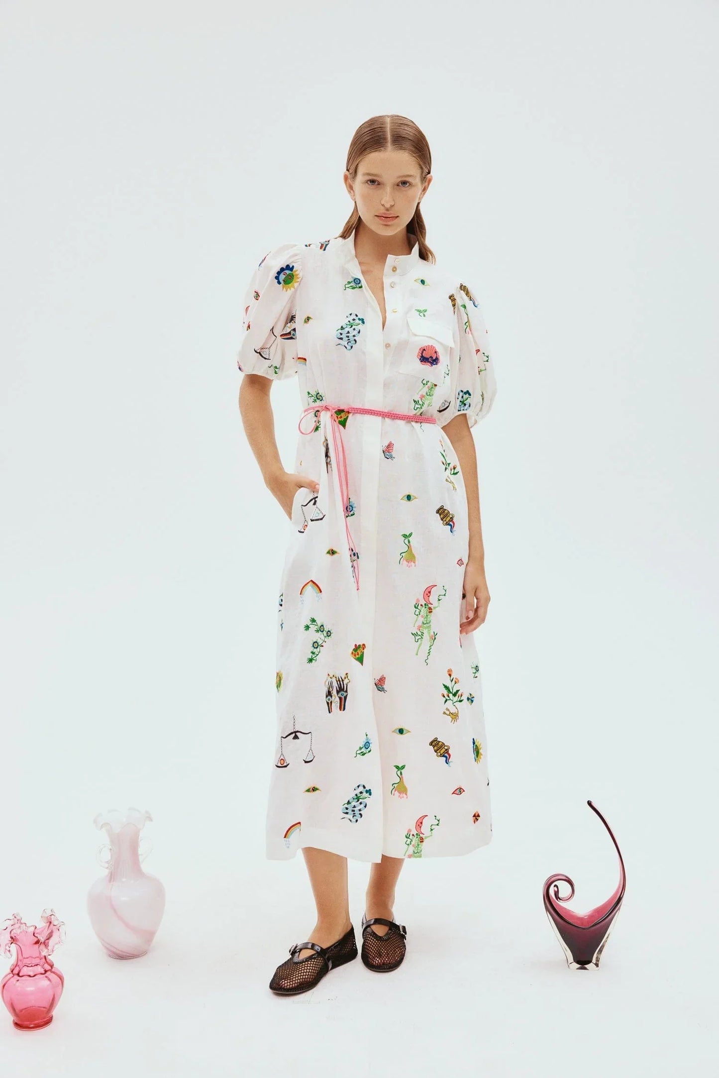 Alms Atticus Embroidered Midi Shirt Dress