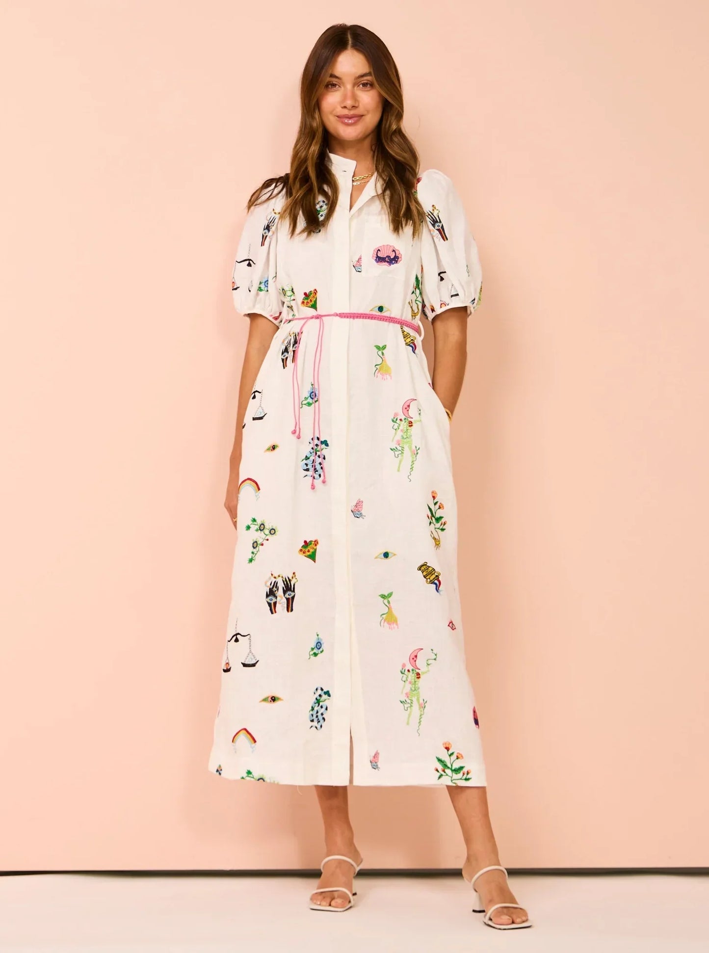 Alms Atticus Embroidered Midi Shirt Dress