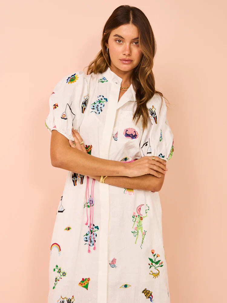 Alms Atticus Embroidered Midi Shirt Dress