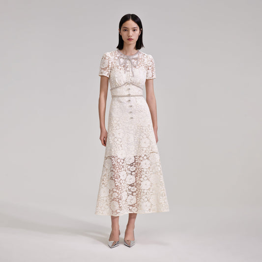 SP Cream Cord Lace Bow Midi Dress