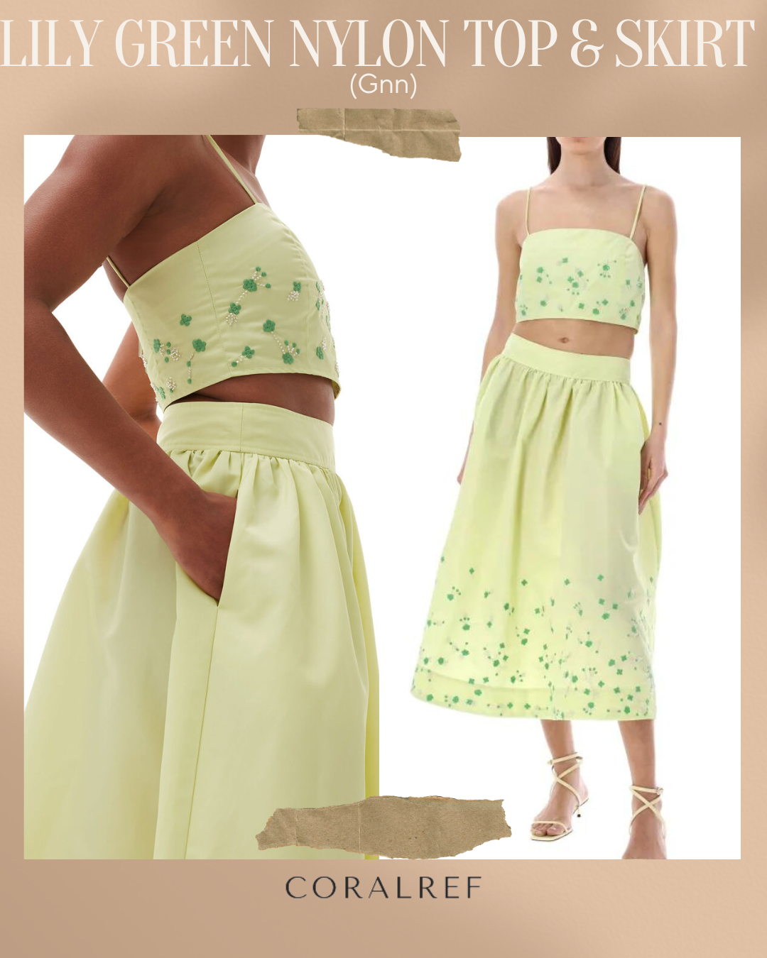 Gnn Lily Green Nylon Top & Midi Skirt Set